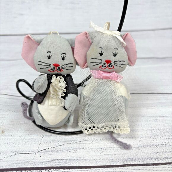 VINTAGE Mr. & Mrs. Mouse Bride Groom CHRISTMAS Ornaments LOT OF 2 Handmade 4” - Picture 1 of 3